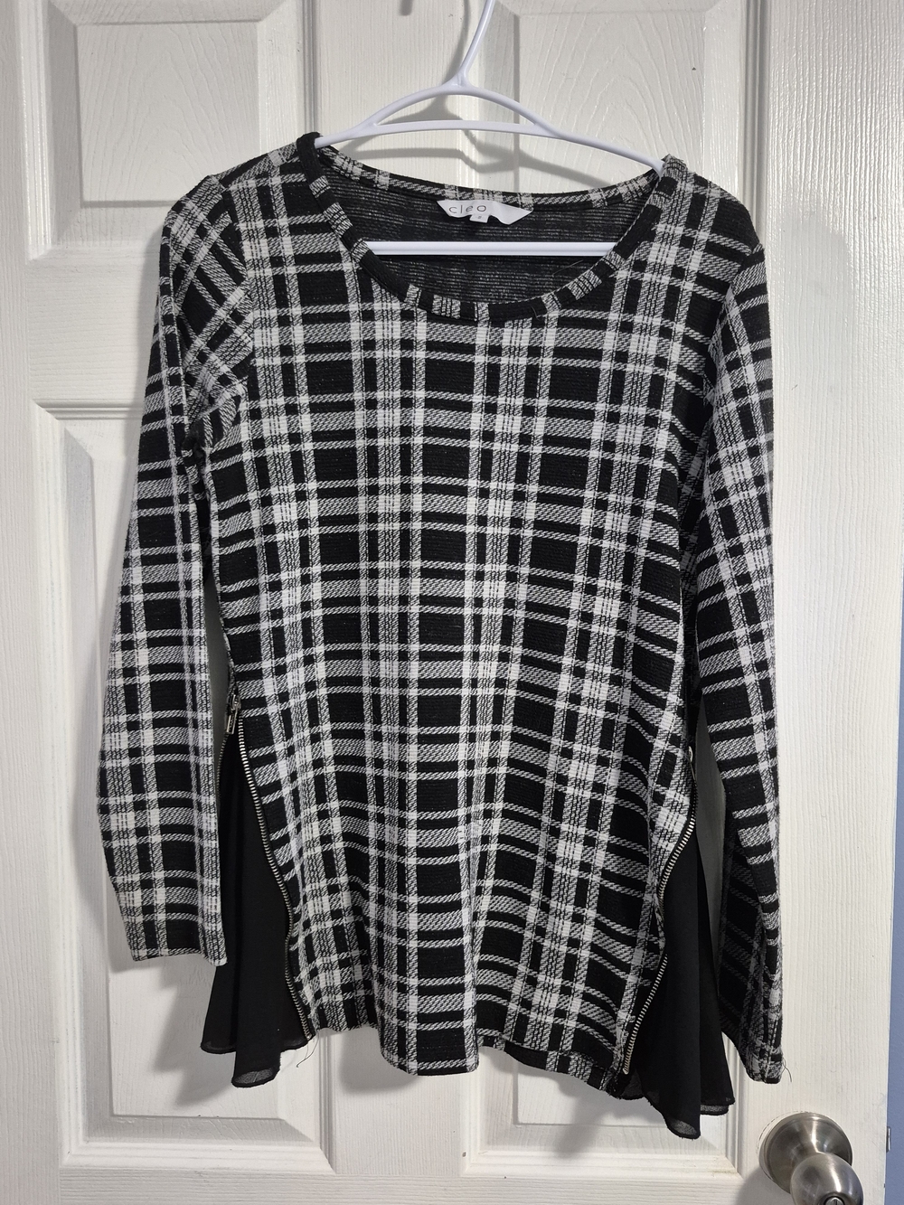 cleo Black and White Plaid Long-Sleeve Top with Side Chiffon Panels